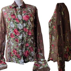 Stunning Rare Find Designer silk blend Sheer Floral Rose Mocha brown Shirt Small